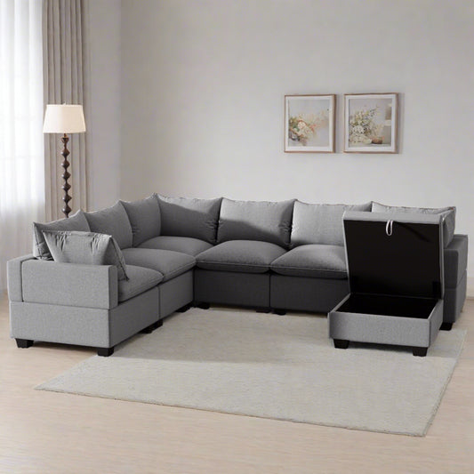 U Shaped Sectional, Modular Sofa with Ottoman and Storage, Gray