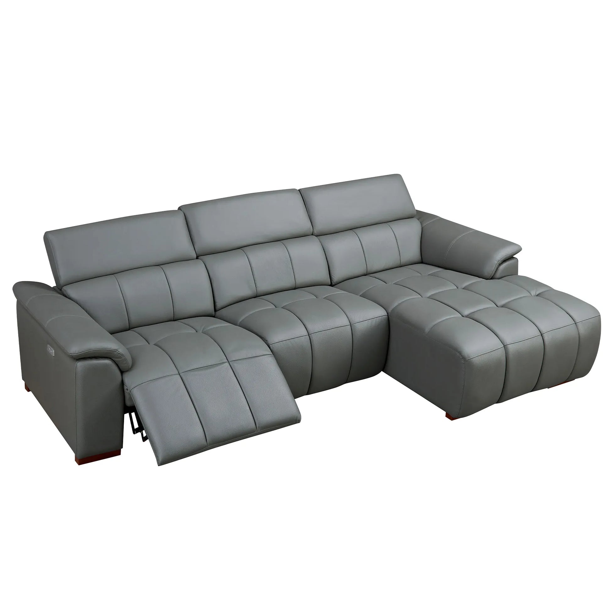 Genuine Leather Recliner Sofa, Modern Couch with Chaise, USB and Adjustable Headrest, Dark Grey