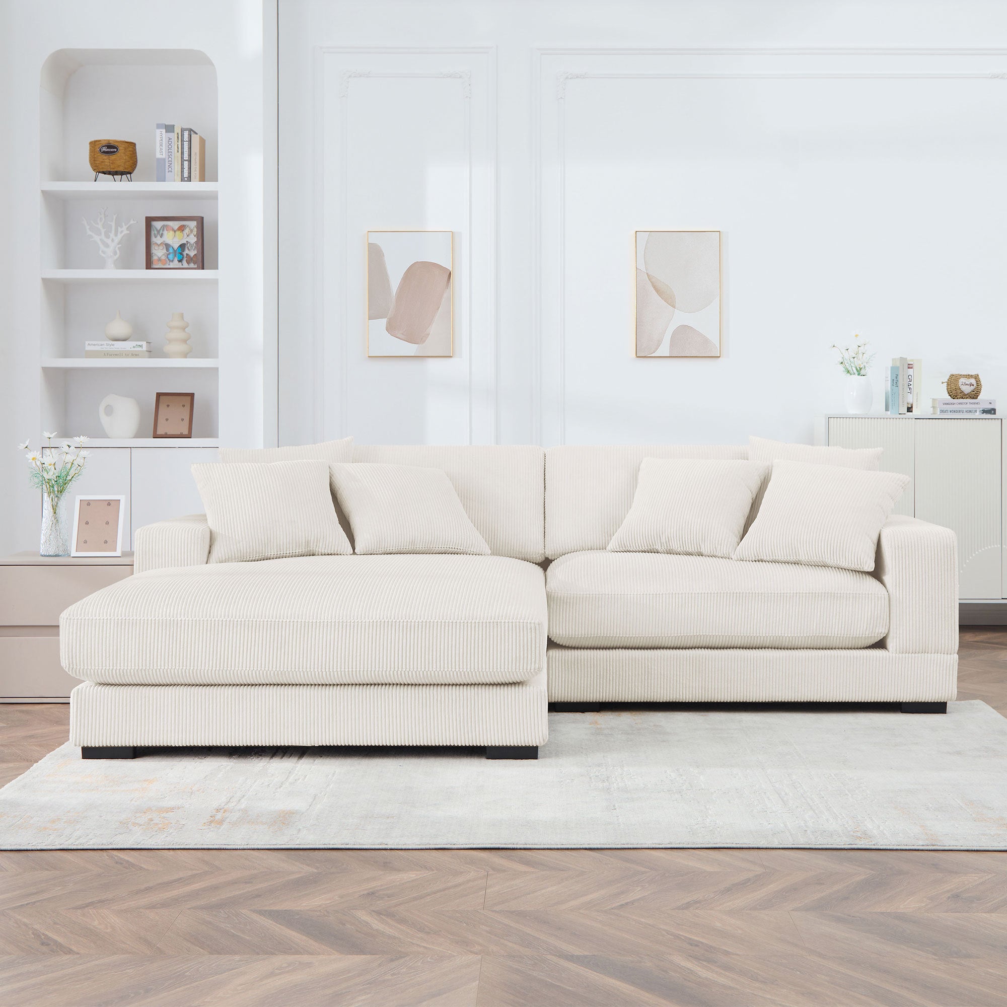 Corduroy Sofa, L-Shaped Couch with Chaise Lounge, Beige