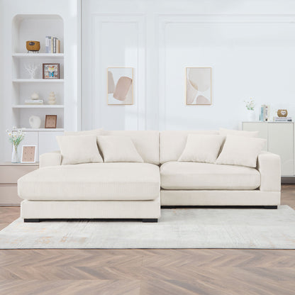 Corduroy Sofa, L-Shaped Couch with Chaise Lounge, Beige