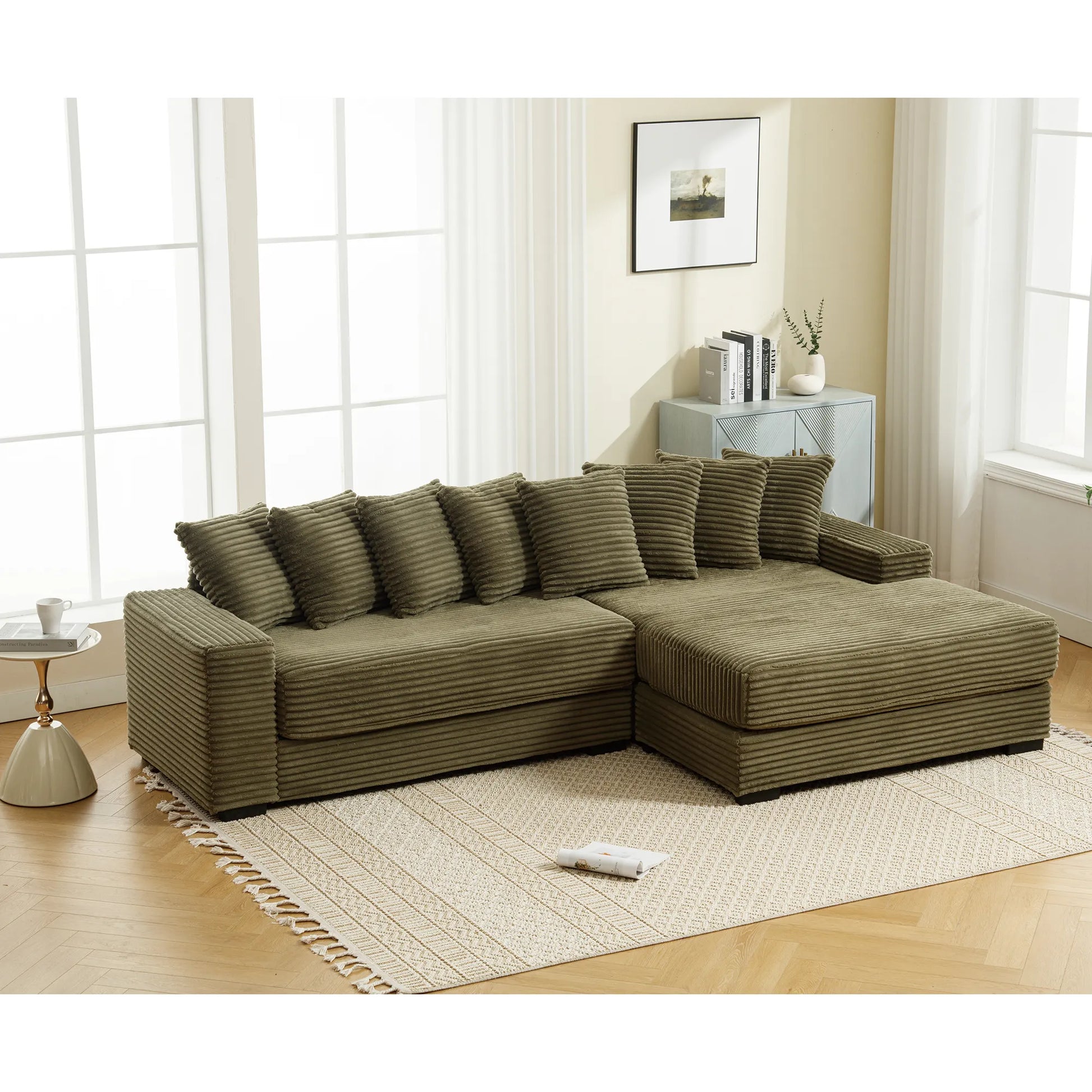 L Shaped Corduroy Couch, Plush Chaise Lounge Sofa, Green