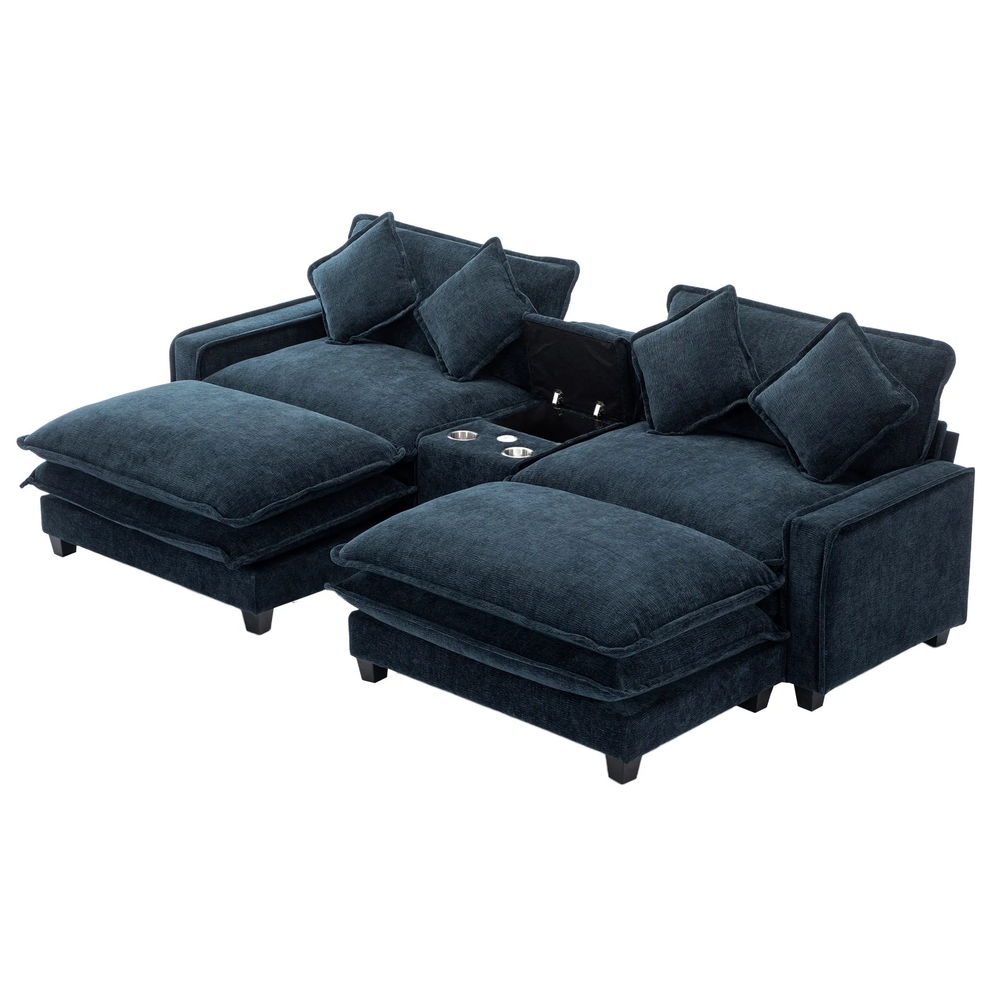 Plush Couch, Deep Seat Couch with Ottomans, Blue