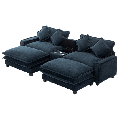 Plush Couch, Deep Seat Couch with Ottomans, Blue
