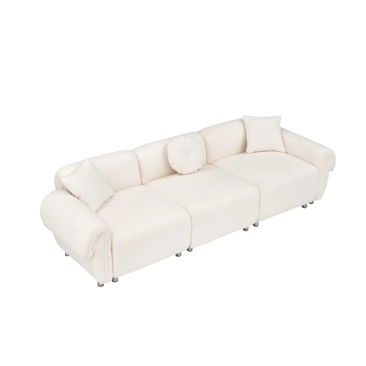 3 Seater Sofa, Plush Upholstered Teddy Velvet Couch, Beige
