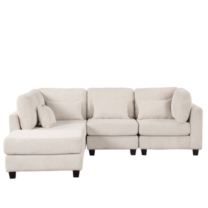 Louie Modular Sectional Sofa, Corduroy Couch with Ottoman - Beige