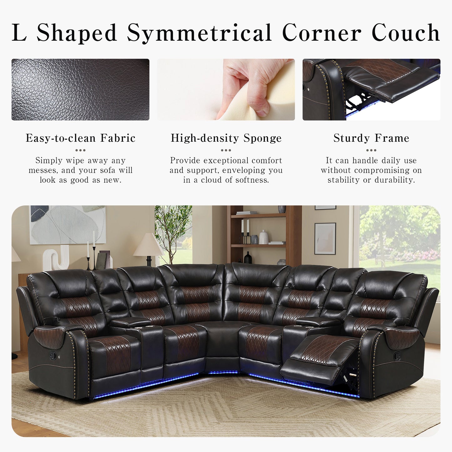 Luxury Reclining Sofa, Corner Sectional Couch Recliner, Brown