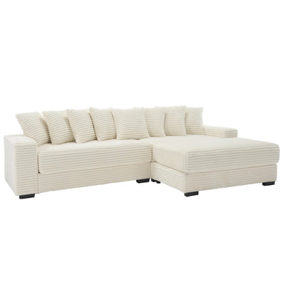 L Shaped Corduroy Couch, Plush Chaise Lounge Sofa, Beige