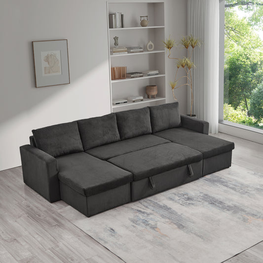 Louie Sofa Chaise Sleeper, Corduroy Couch with Double Chaise Storage - Dark Gray