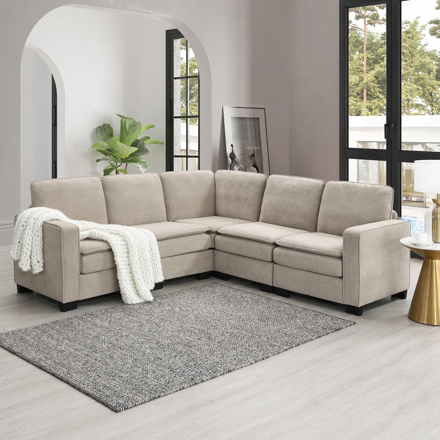 Corner Sectional Sofa, L-Shaped Comfy Couch, Khaki