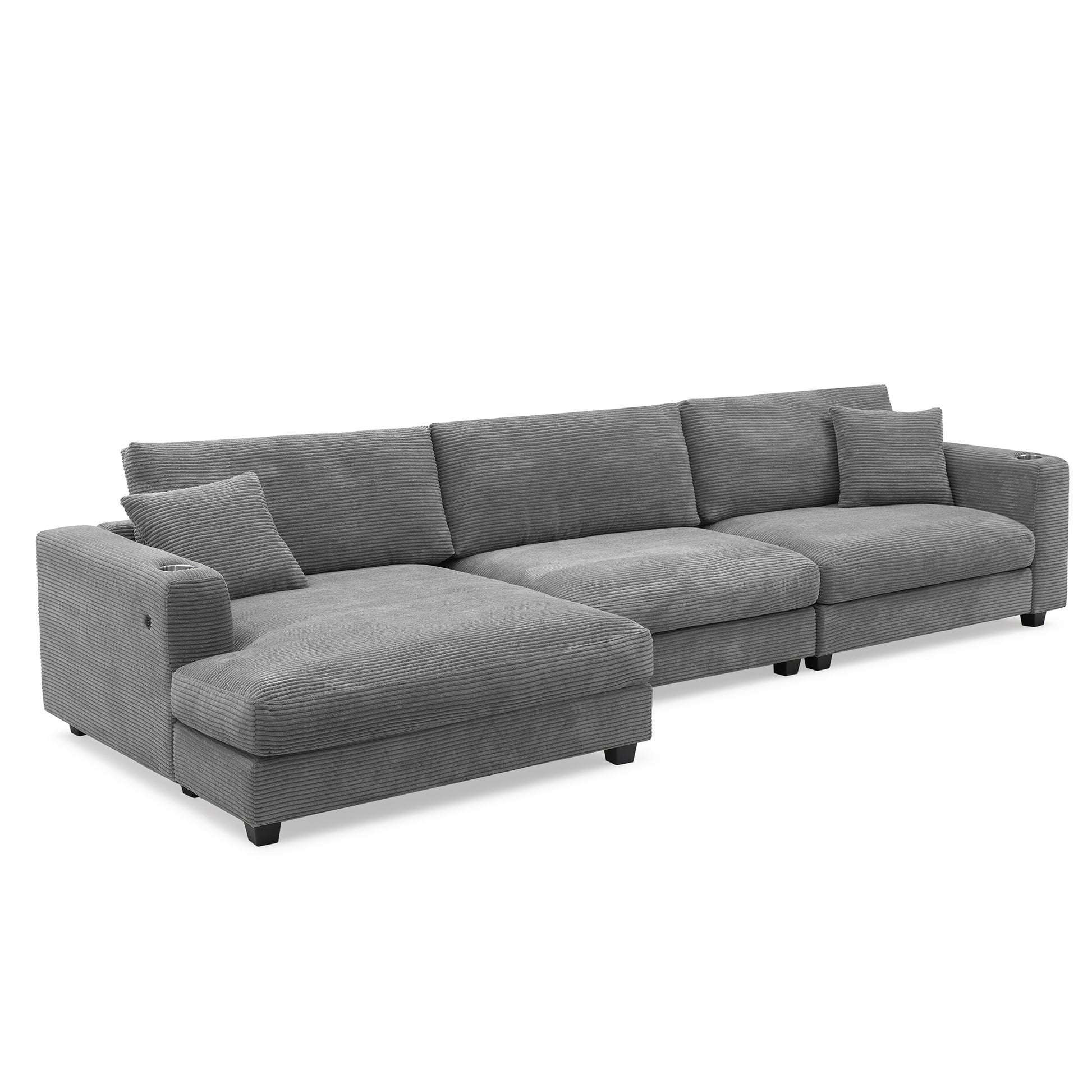 Deep Seat Corduroy Sofa, Large Sectional Couch with Chaise, Gray