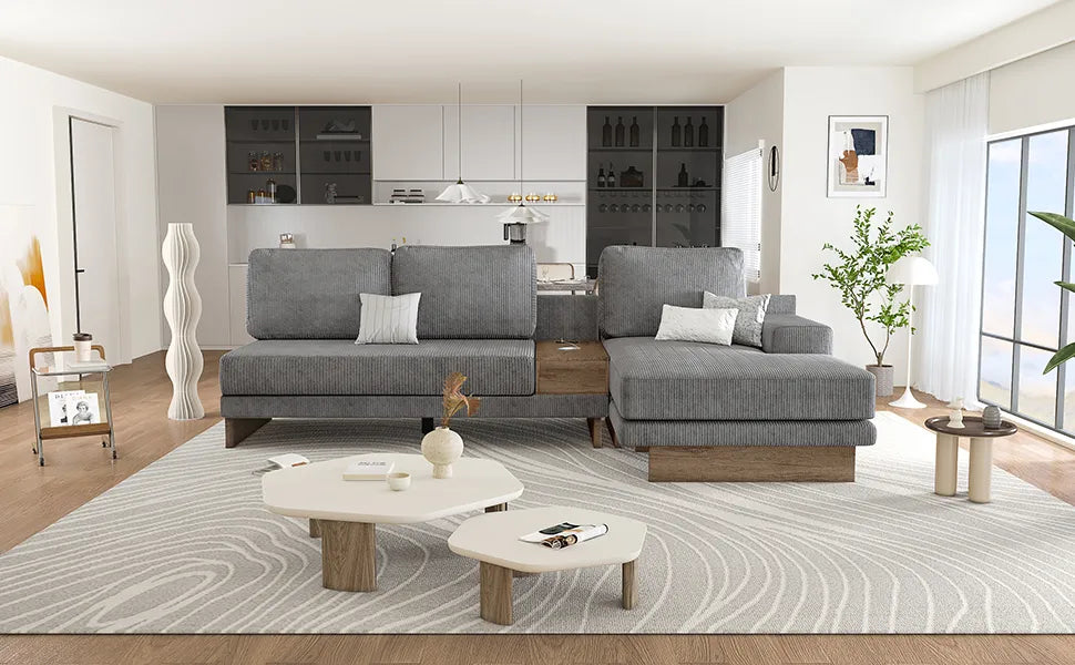 Corduroy Couch, Modern L Shaped Sectional Sofa with Reversible Chaise, Gray