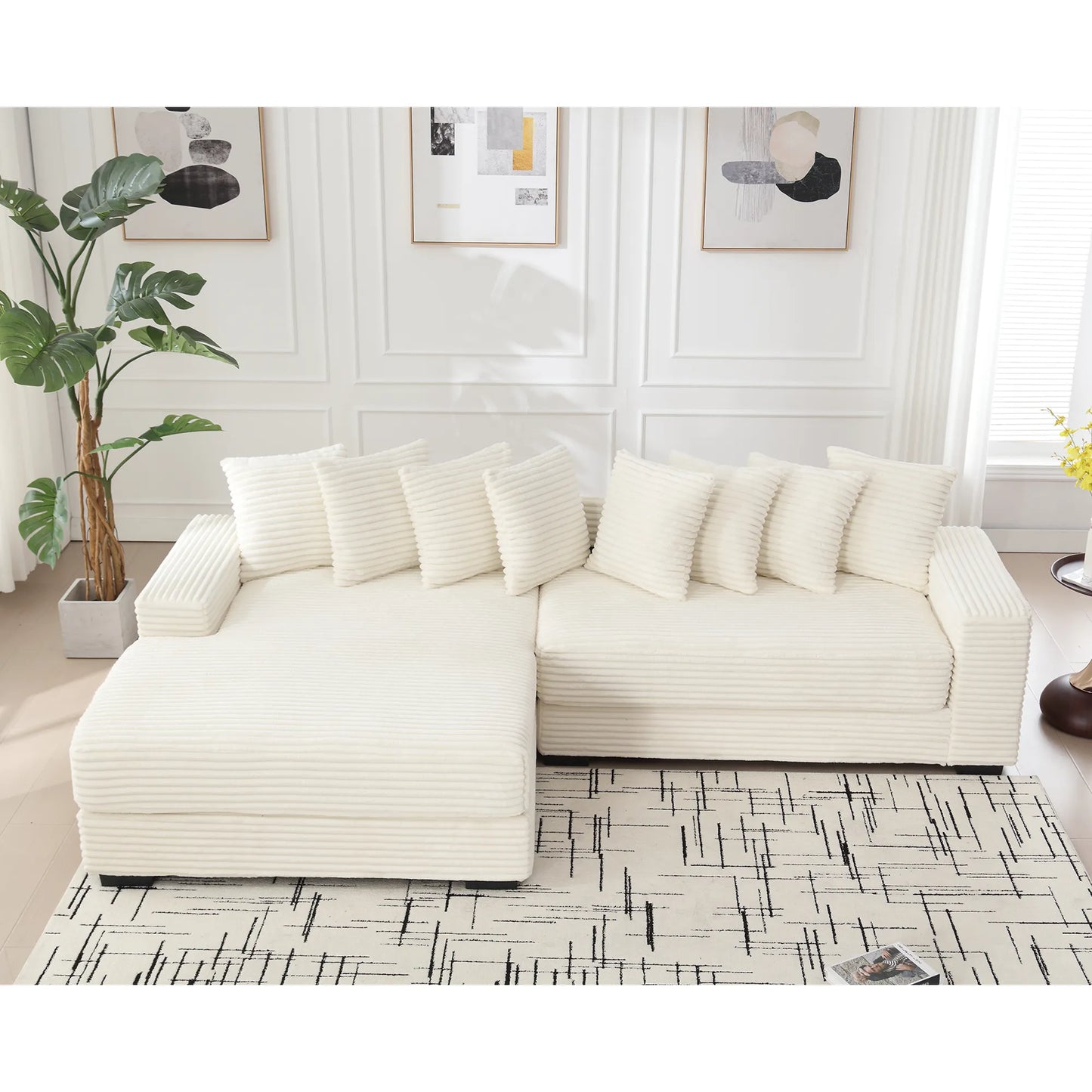 L Shaped Corduroy Couch, Plush Chaise Lounge Sofa, Beige