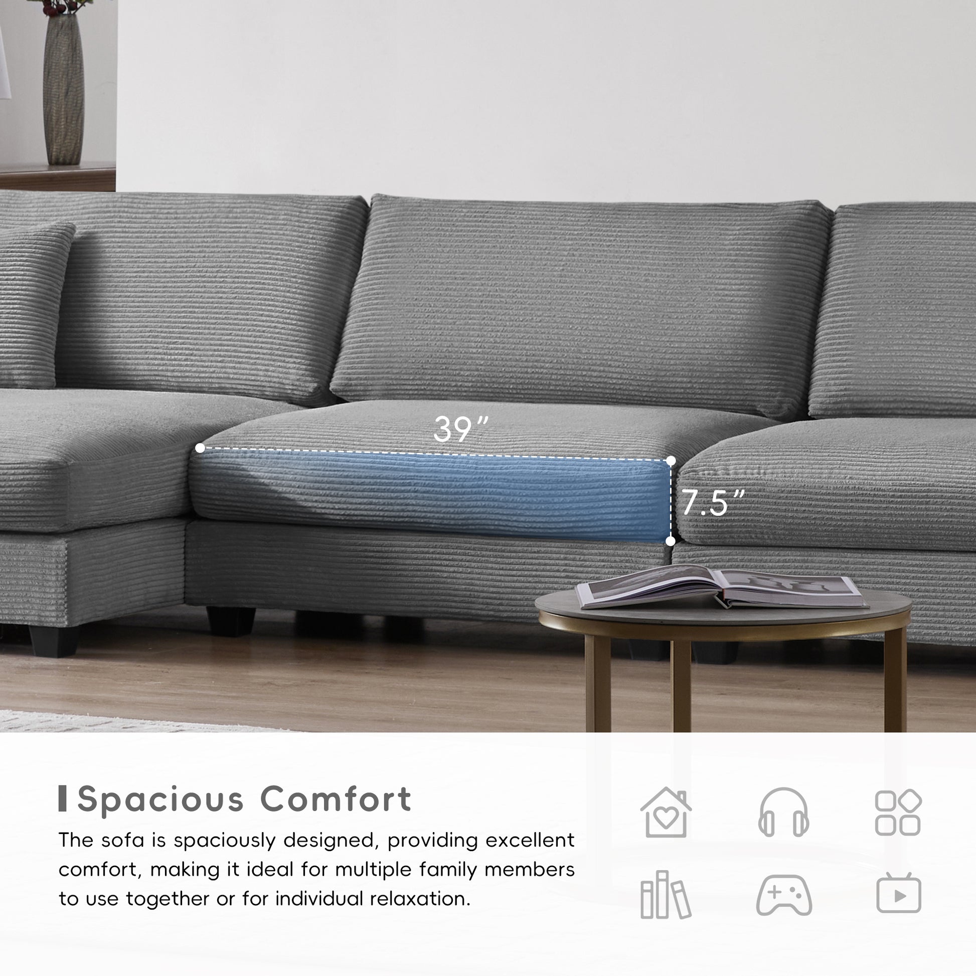 Deep Seat Corduroy Sofa, Large Sectional Couch with Chaise, Gray