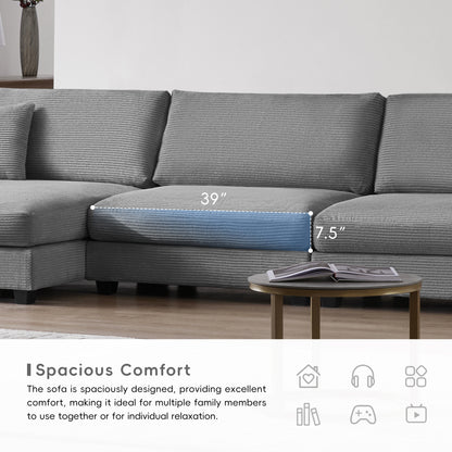 Deep Seat Corduroy Sofa, Large Sectional Couch with Chaise, Gray