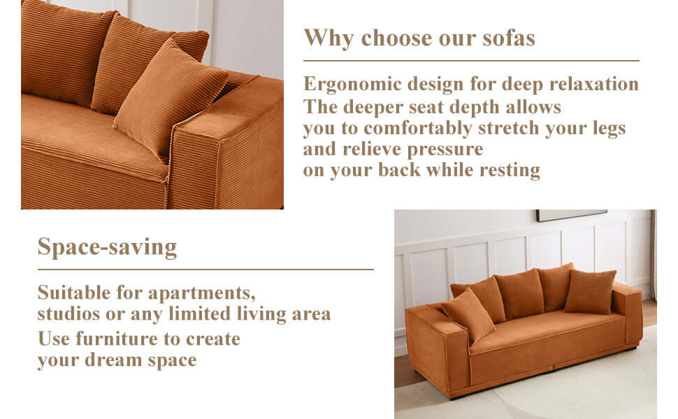 Louie Modern Corduroy Sofa, 3-Seater Couch for Living Room, Bedroom, Apartment - Orange