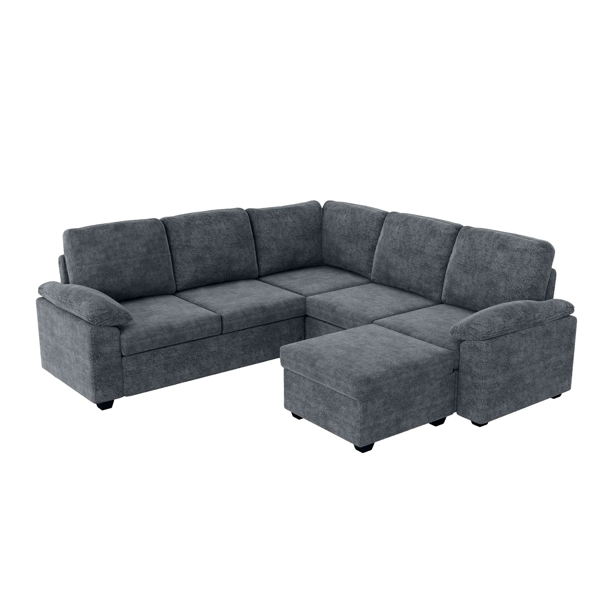 Modern L-Shape Velvet Sectional Sofa, Corner Couch with Ottoman, Grey