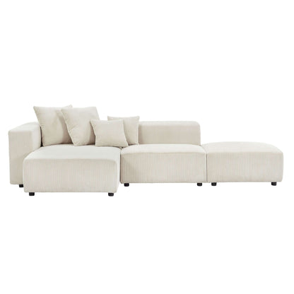 Corduroy Couch, Sofa with Chaise Lounge, 3 Piece - Beige