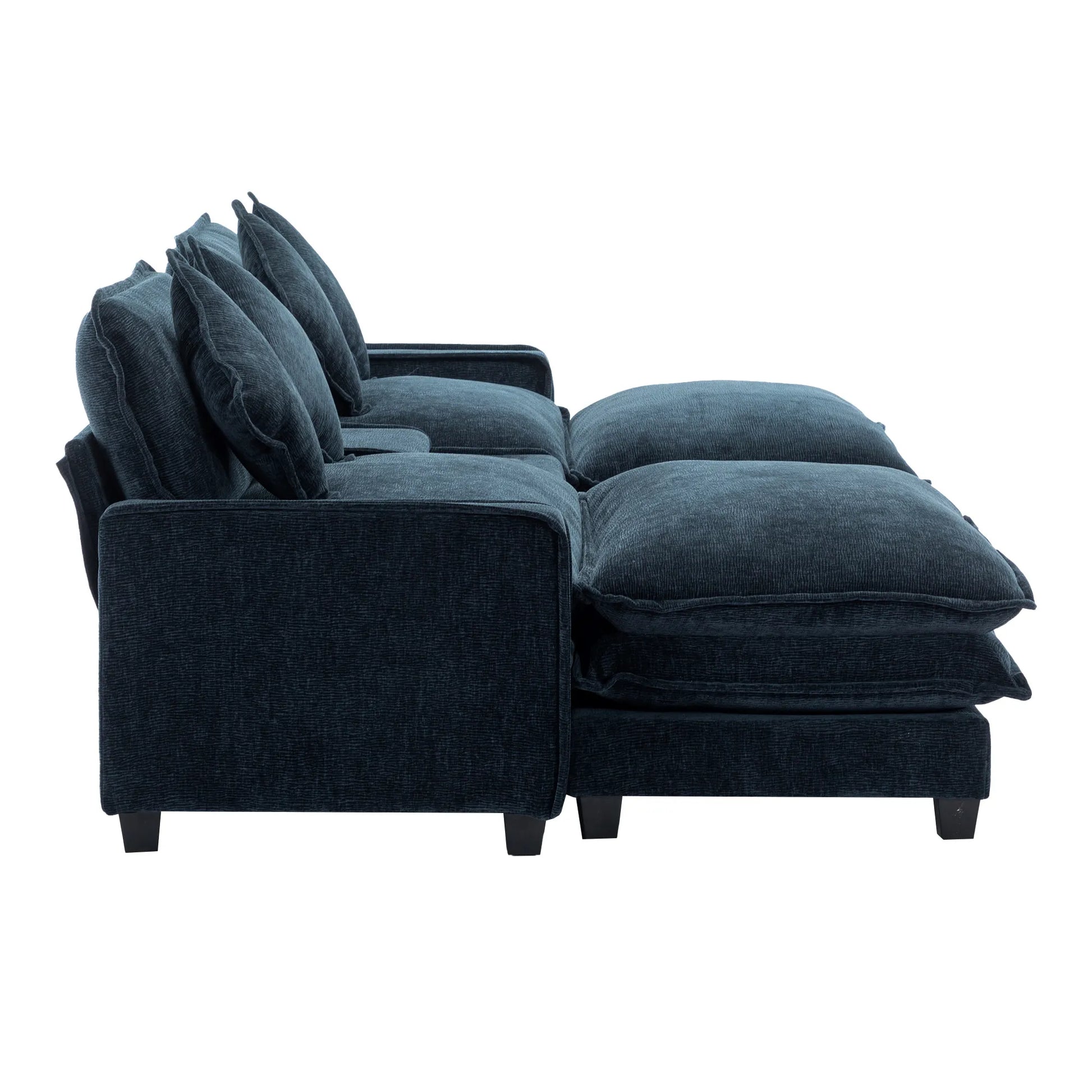 Plush Couch, Deep Seat Couch with Ottomans, Blue