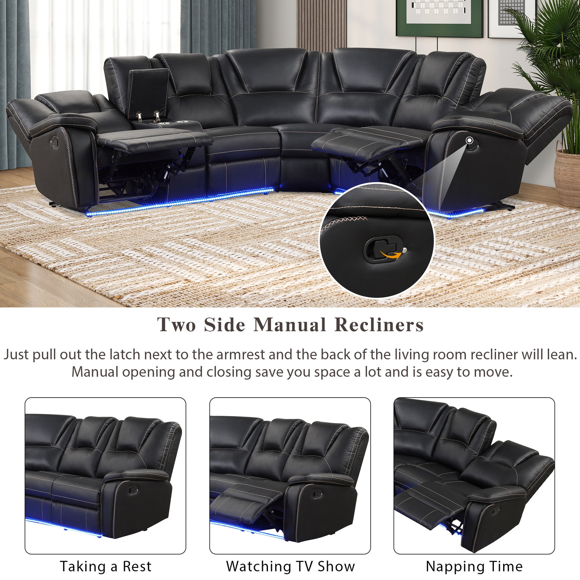Modern Reclining Sofa, Corner Sectional Couch Recliner, Black