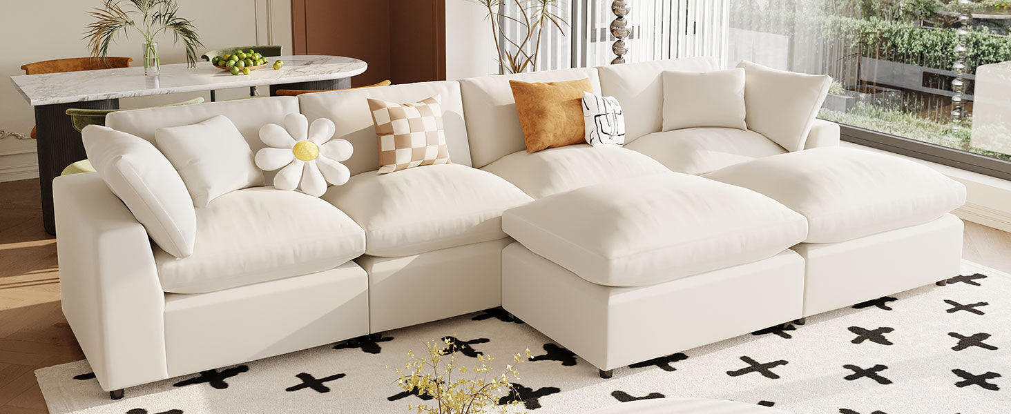 U Shaped Sectional, Large Modular Couch with Ottomans, Beige