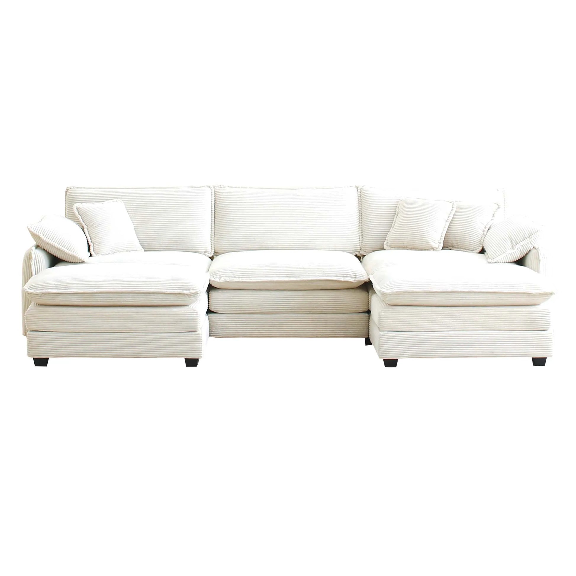 U Shape Sectional Cloud Sofa, Plush Corduroy Couch with Ottoman, Beige
