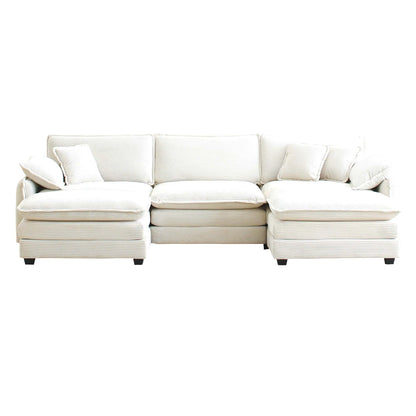 U Shape Sectional Cloud Sofa, Plush Corduroy Couch with Ottoman, Beige