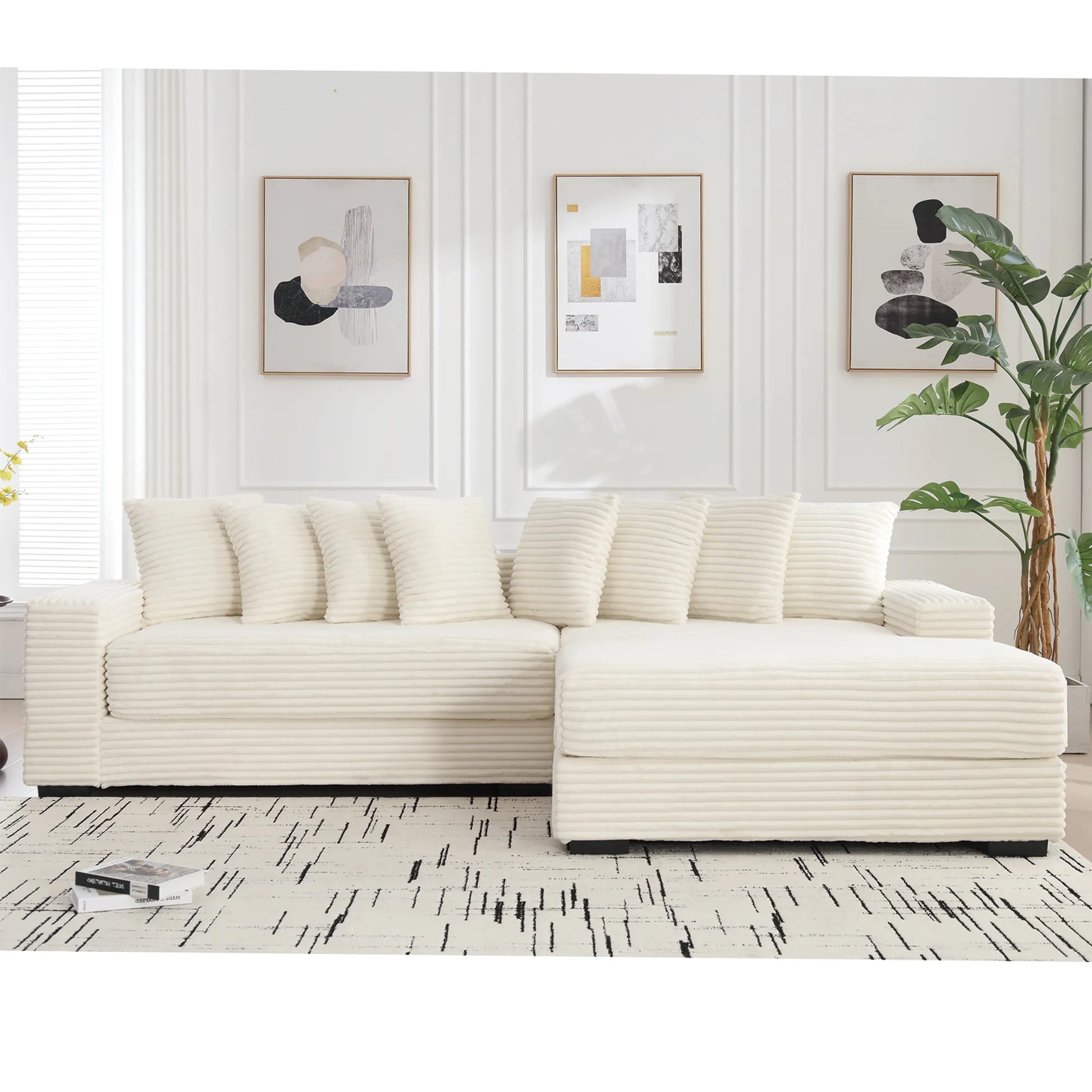 L Shaped Corduroy Couch, Plush Chaise Lounge Sofa, Beige