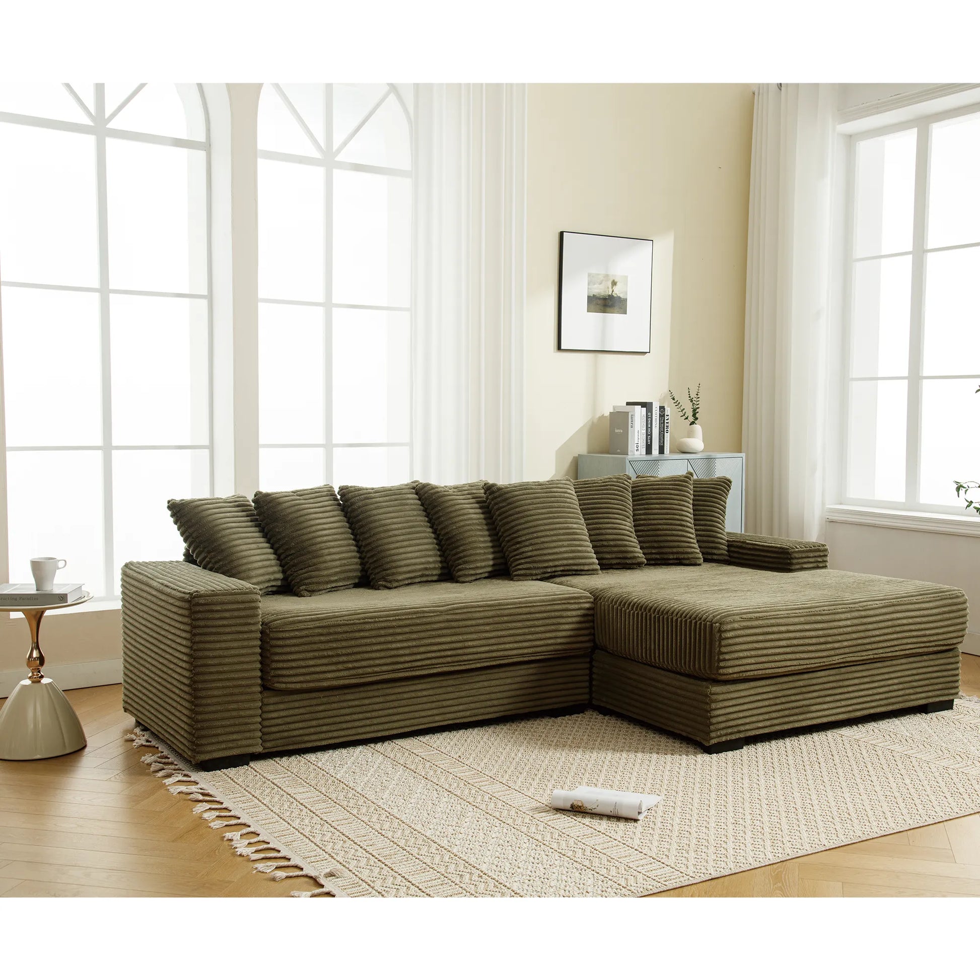 L Shaped Corduroy Couch, Plush Chaise Lounge Sofa, Green