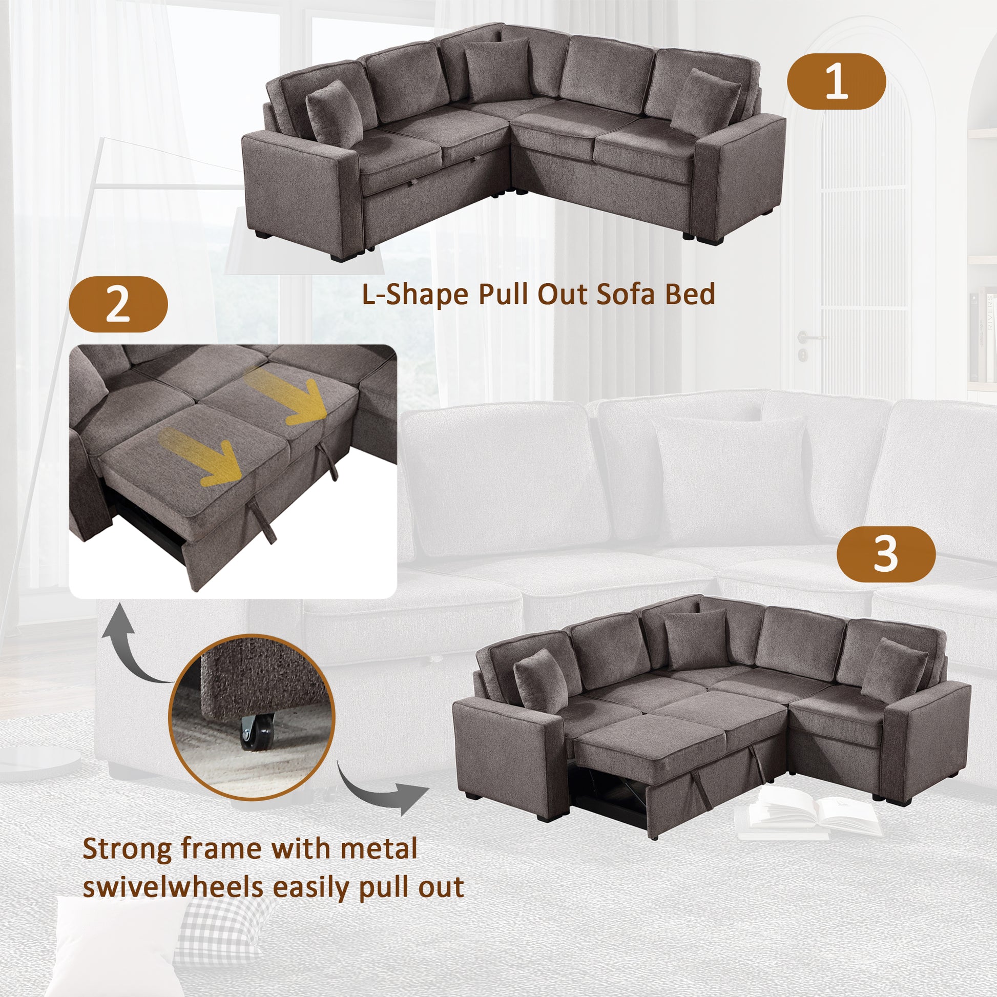 Louie Sleeper Sectional, Couch L Shape - Brown