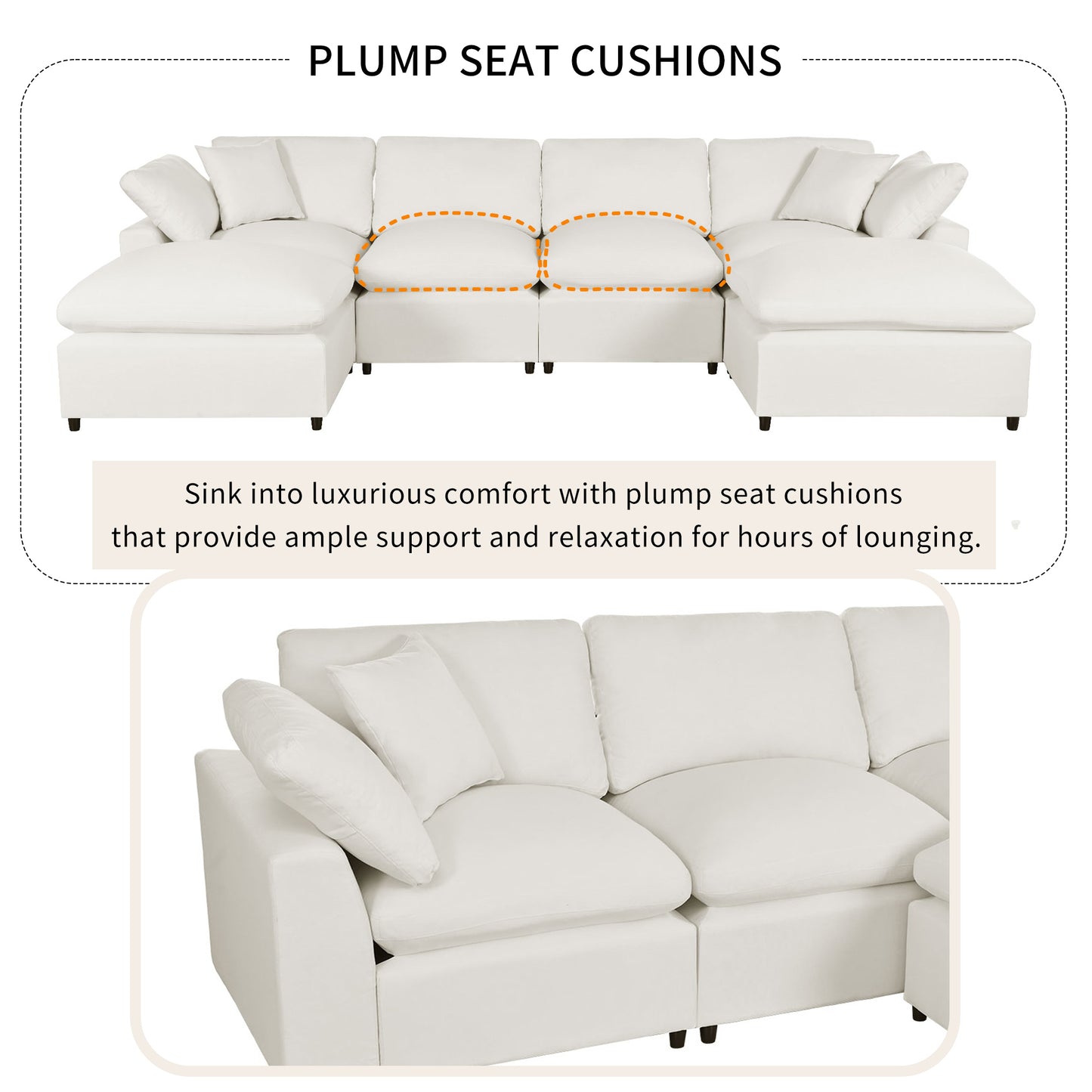 U Shaped Sectional, Large Modular Couch with Ottomans, Beige