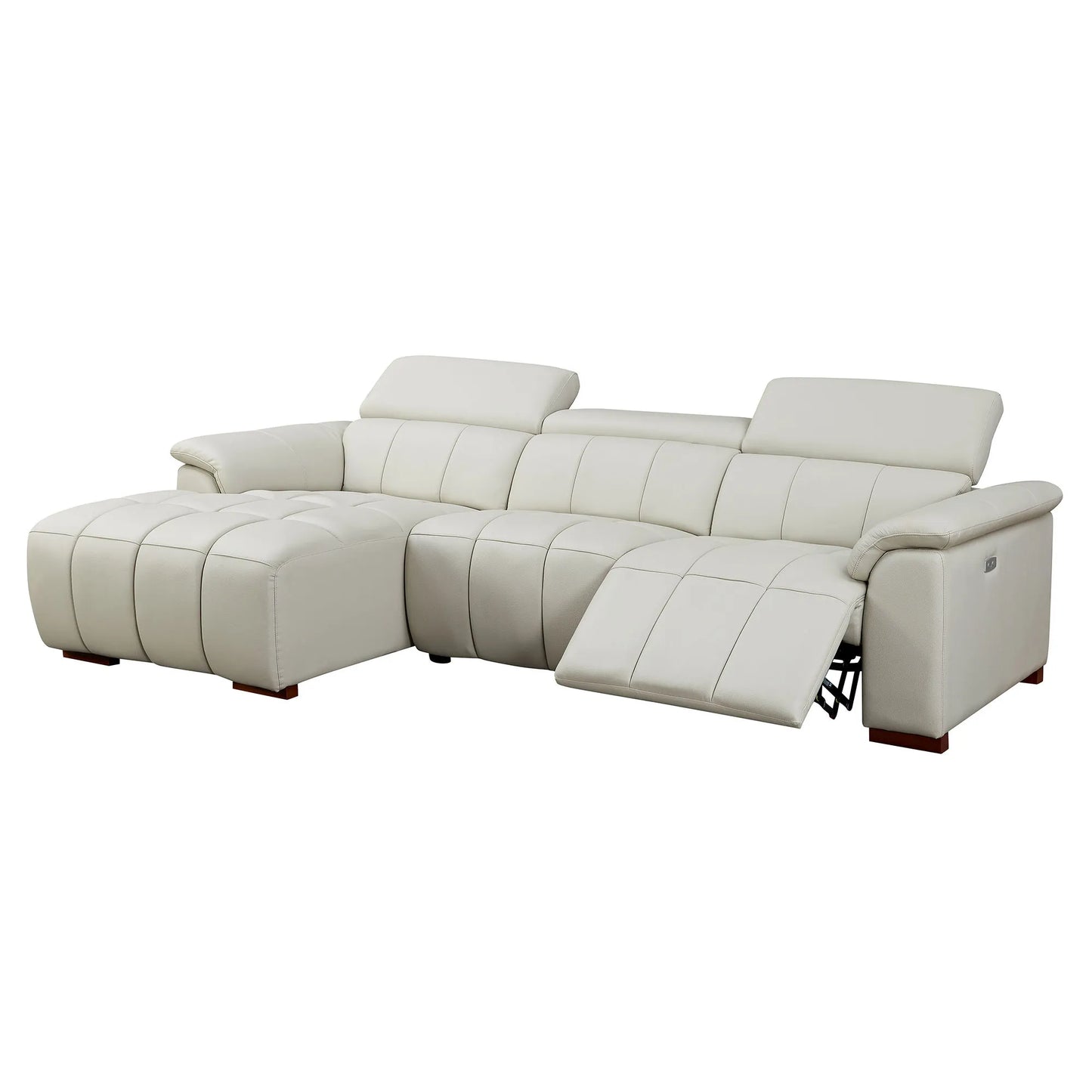Genuine Leather Recliner Sofa, Modern Couch with Chaise, USB and Adjustable Headrest, Light Grey