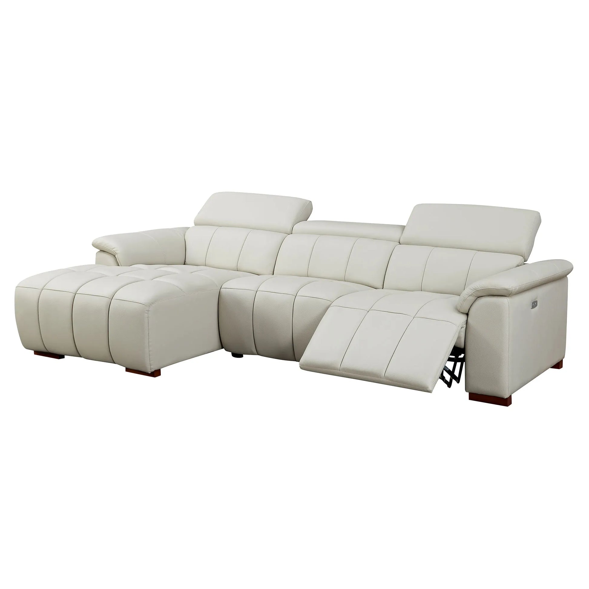Genuine Leather Recliner Sofa, Modern Couch with Chaise, USB and Adjustable Headrest, Light Grey