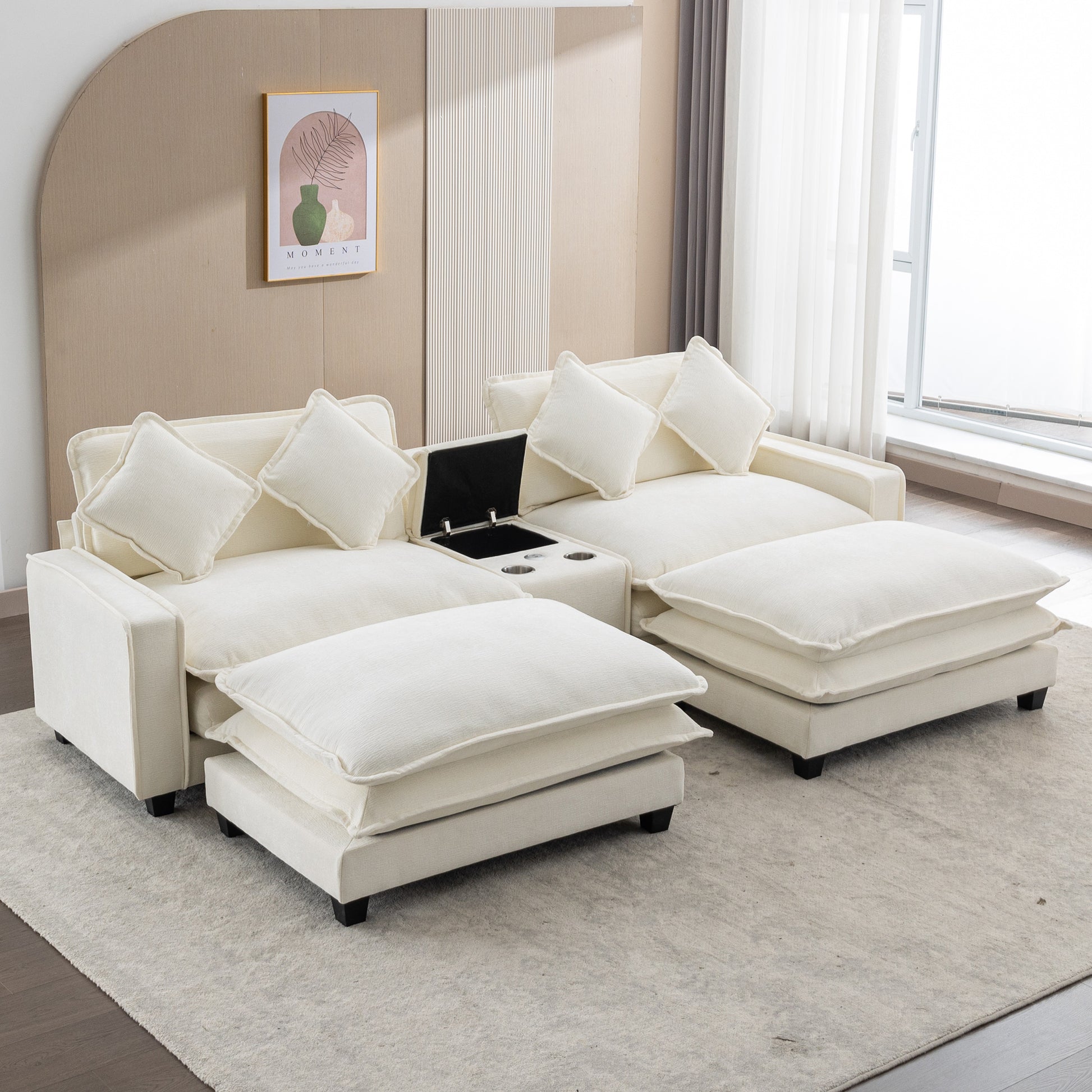 Plush Couch, Deep Seat Couch with Ottomans, Beige