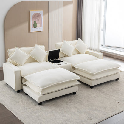 Plush Couch, Deep Seat Couch with Ottomans, Beige