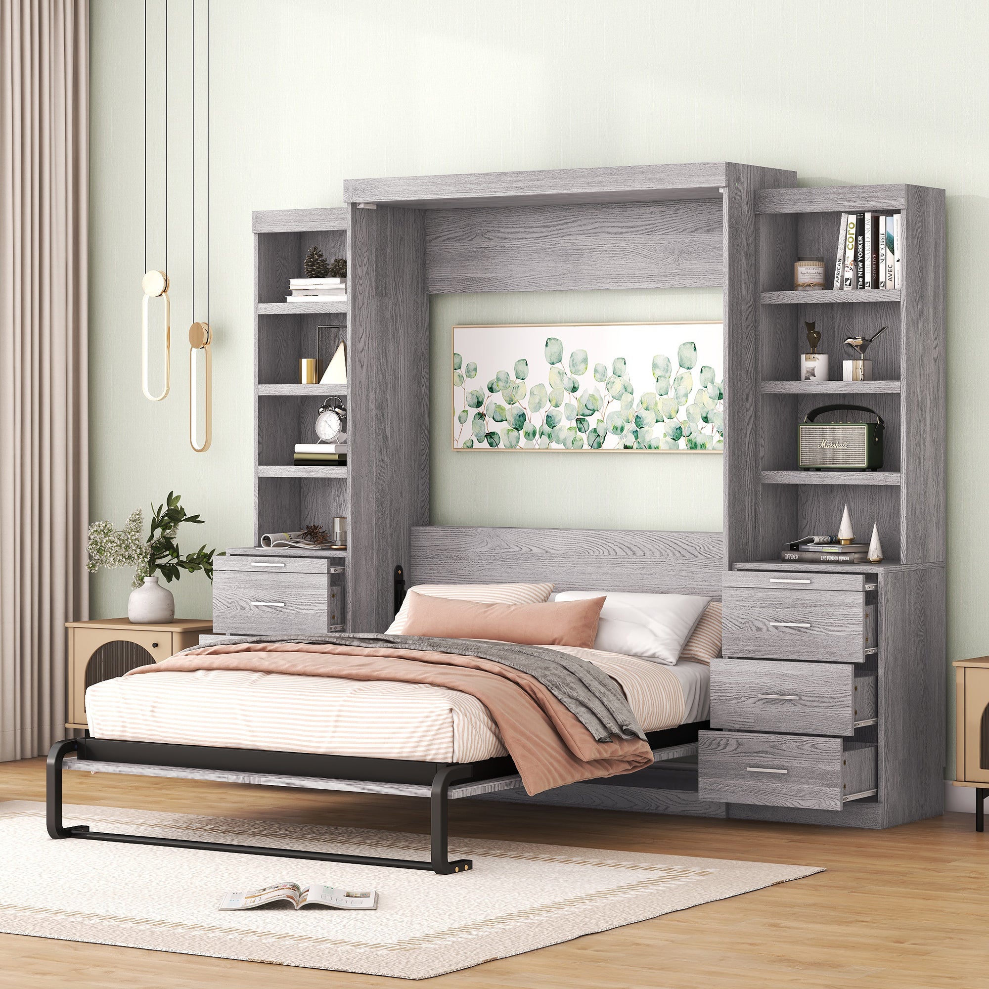 Taylor Full Size Murphy Bed, Folding Bed with Dual Bedside Storage - Gray