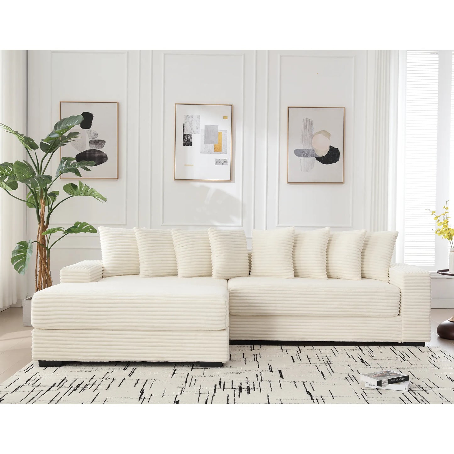 L Shaped Corduroy Couch, Plush Chaise Lounge Sofa, Beige