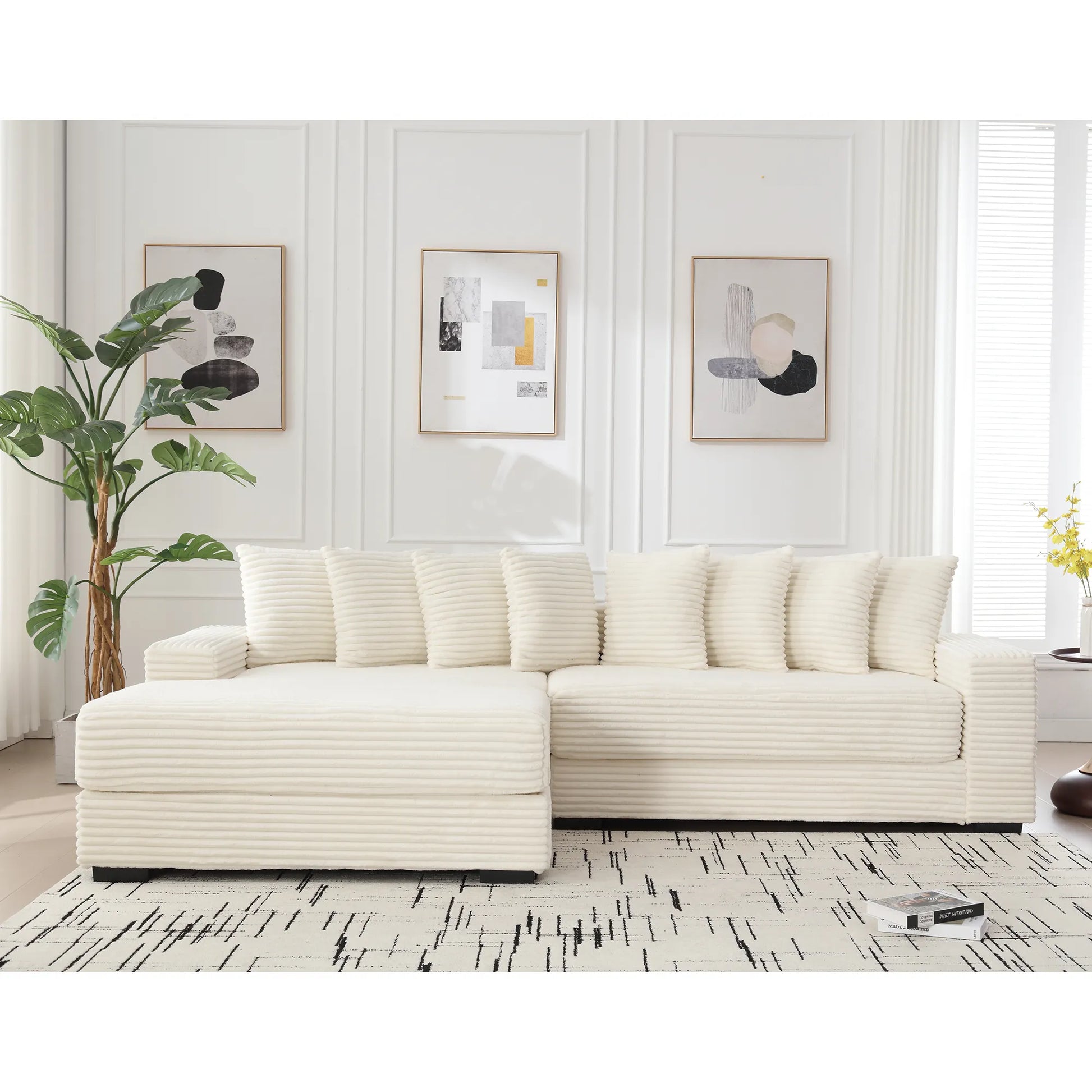 L Shaped Corduroy Couch, Plush Chaise Lounge Sofa, Beige