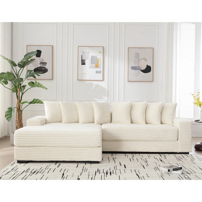 L Shaped Corduroy Couch, Plush Chaise Lounge Sofa, Beige