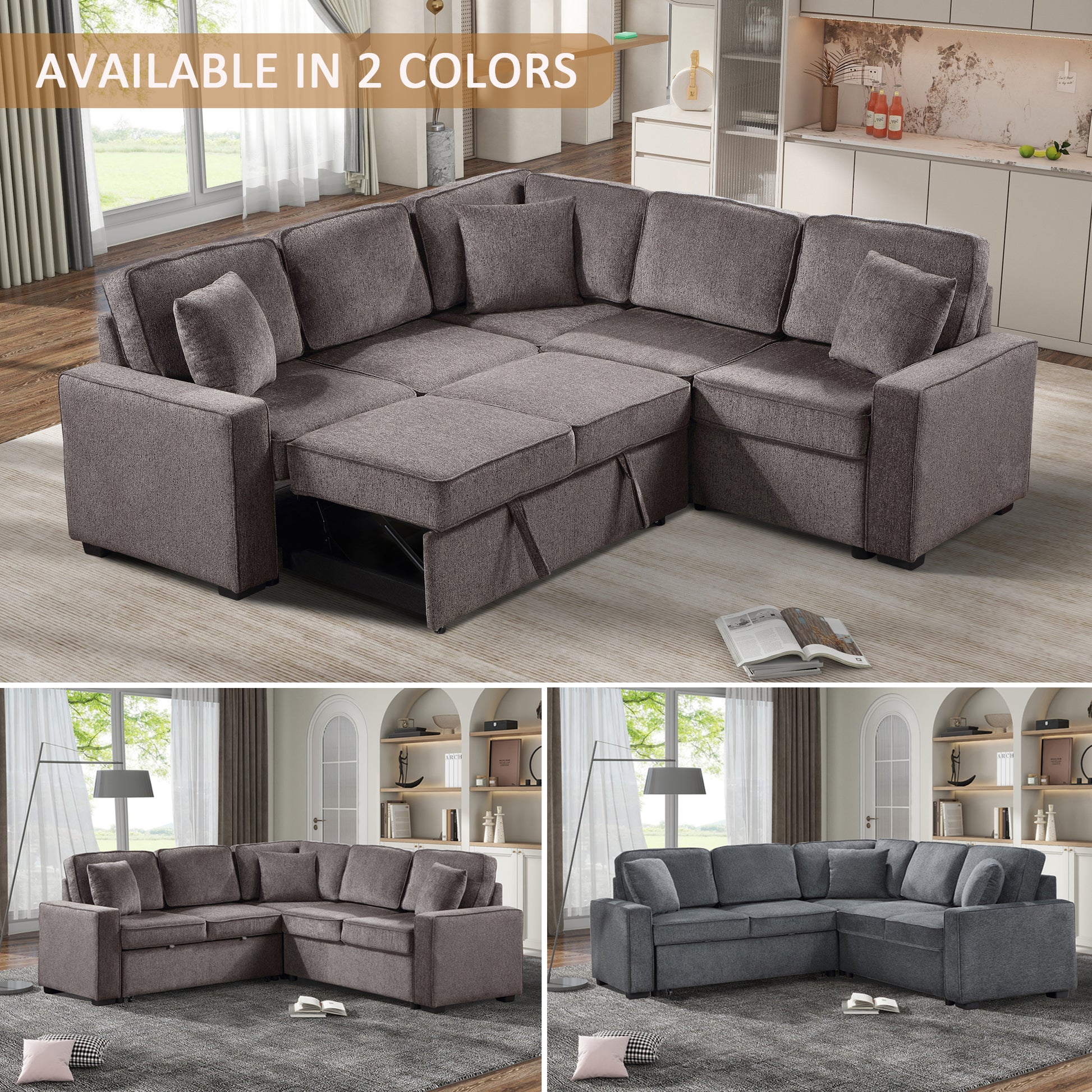 Louie Sleeper Sectional, Couch L Shape - Brown