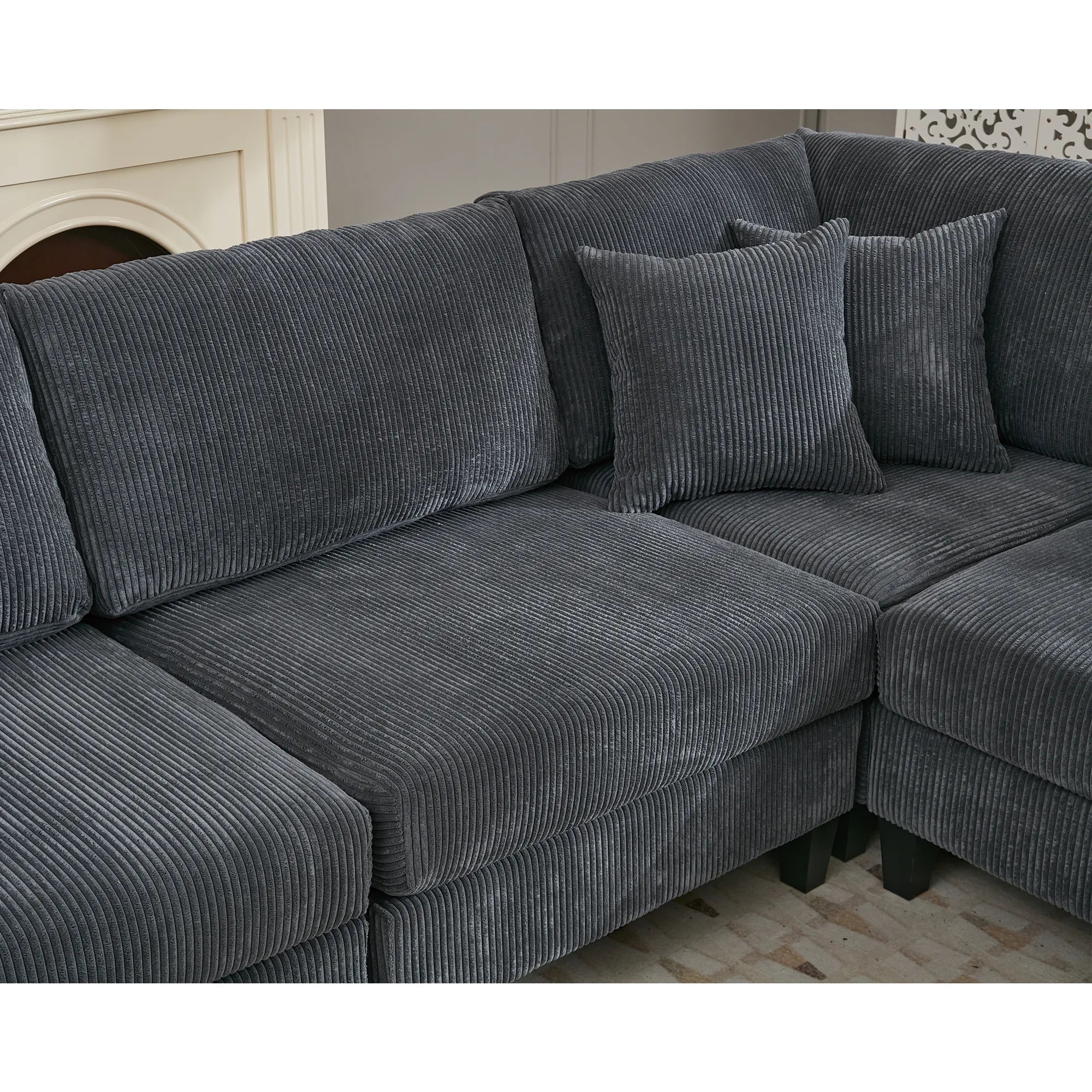 Modular Sectional Sofa, Deep Seat Corduroy Couch, Dark Gray