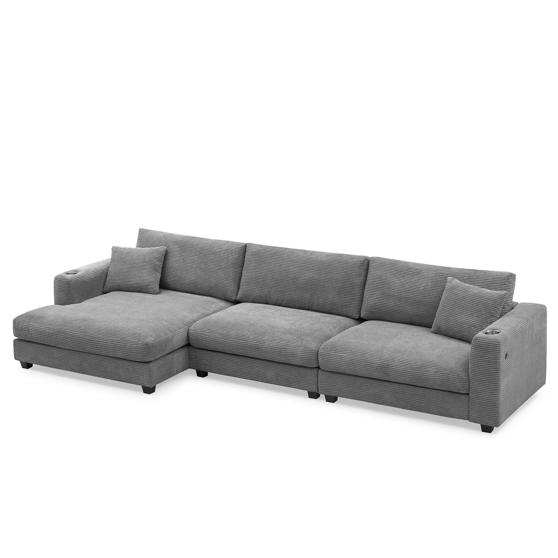 Deep Seat Corduroy Sofa, Large Sectional Couch with Chaise, Gray