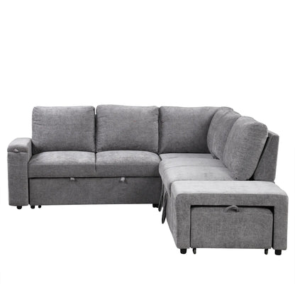 Sleeper Sectional, Sofa L Shape, Couch with Ottoman and Storage, Gray