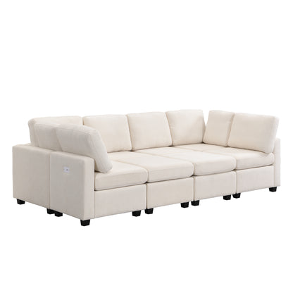 U Shaped Couch, Chenille Sectional Sofa with Ottoman, Beige
