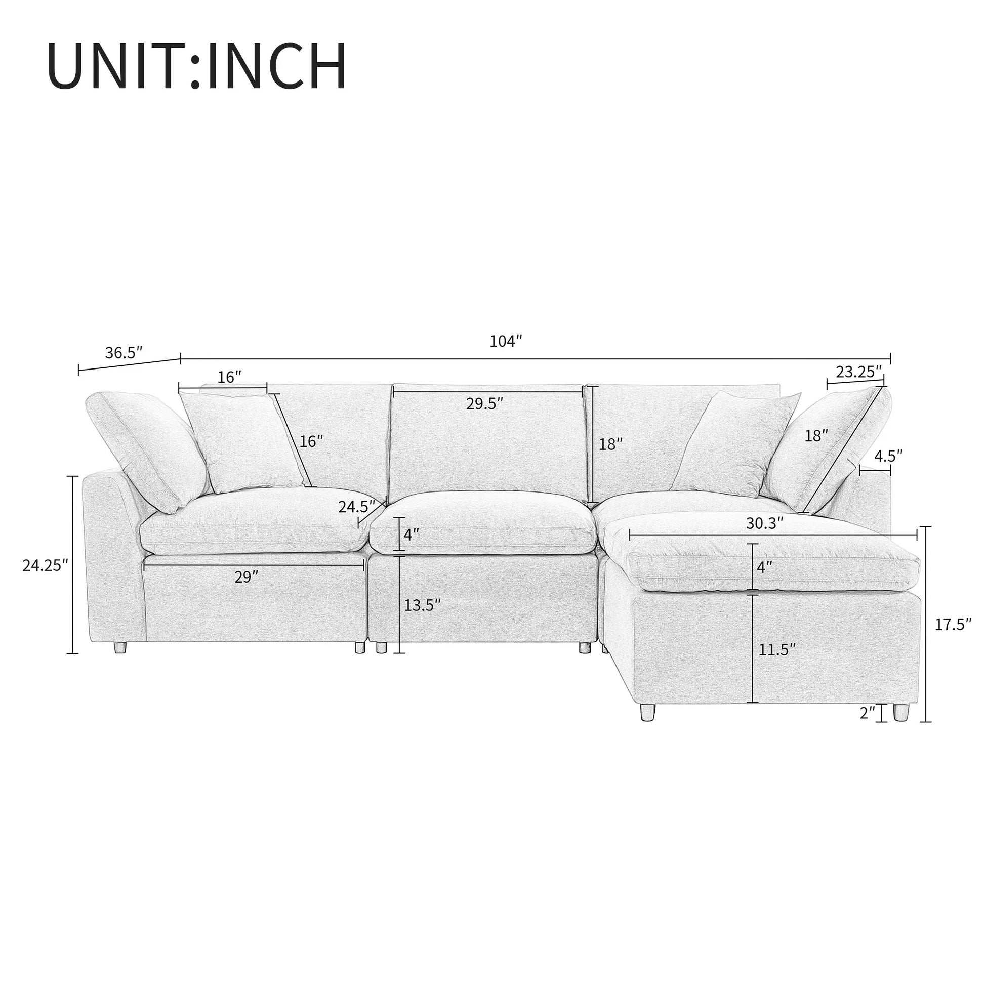 Louie Grey Sectional Couch, Sofa with Ottoman