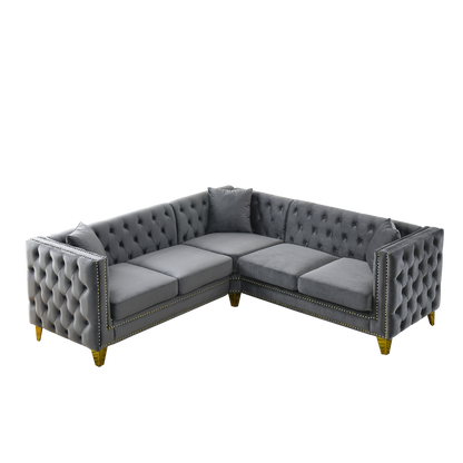 Chesterfield Sofa, L-Shaped Velvet Corner Couch - Gray
