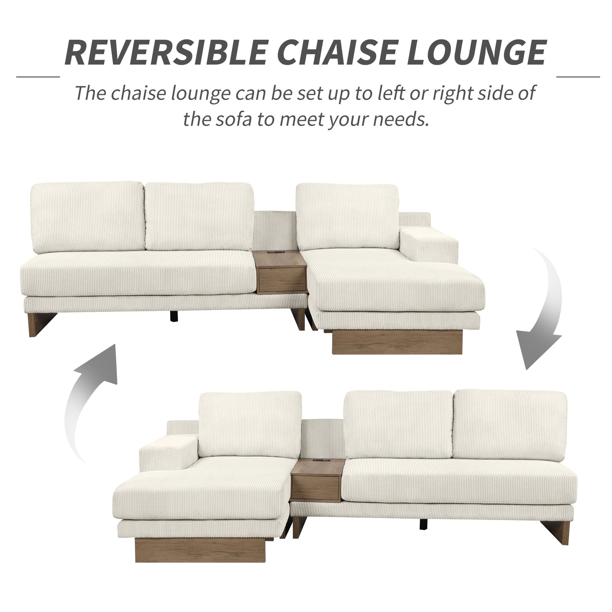 Corduroy Couch, Modern L Shaped Sectional Sofa with Reversible Chaise, Beige