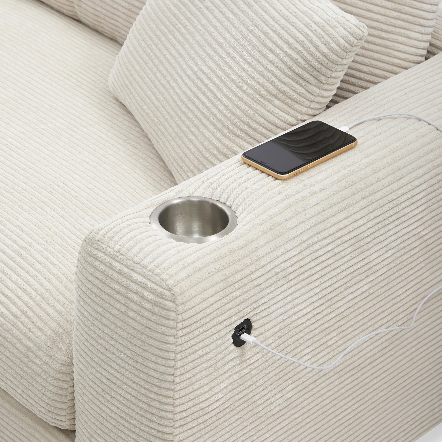Deep Seat Corduroy Sofa, Large Sectional Couch with Chaise, Beige