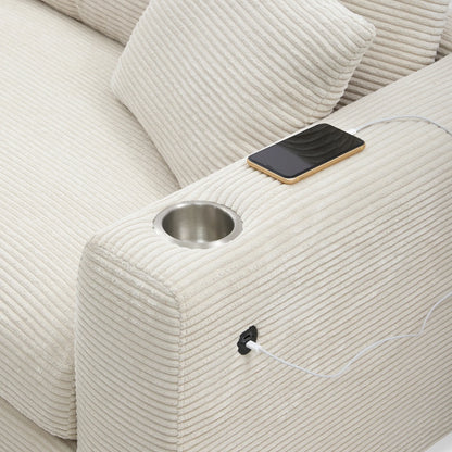 Deep Seat Corduroy Sofa, Large Sectional Couch with Chaise, Beige