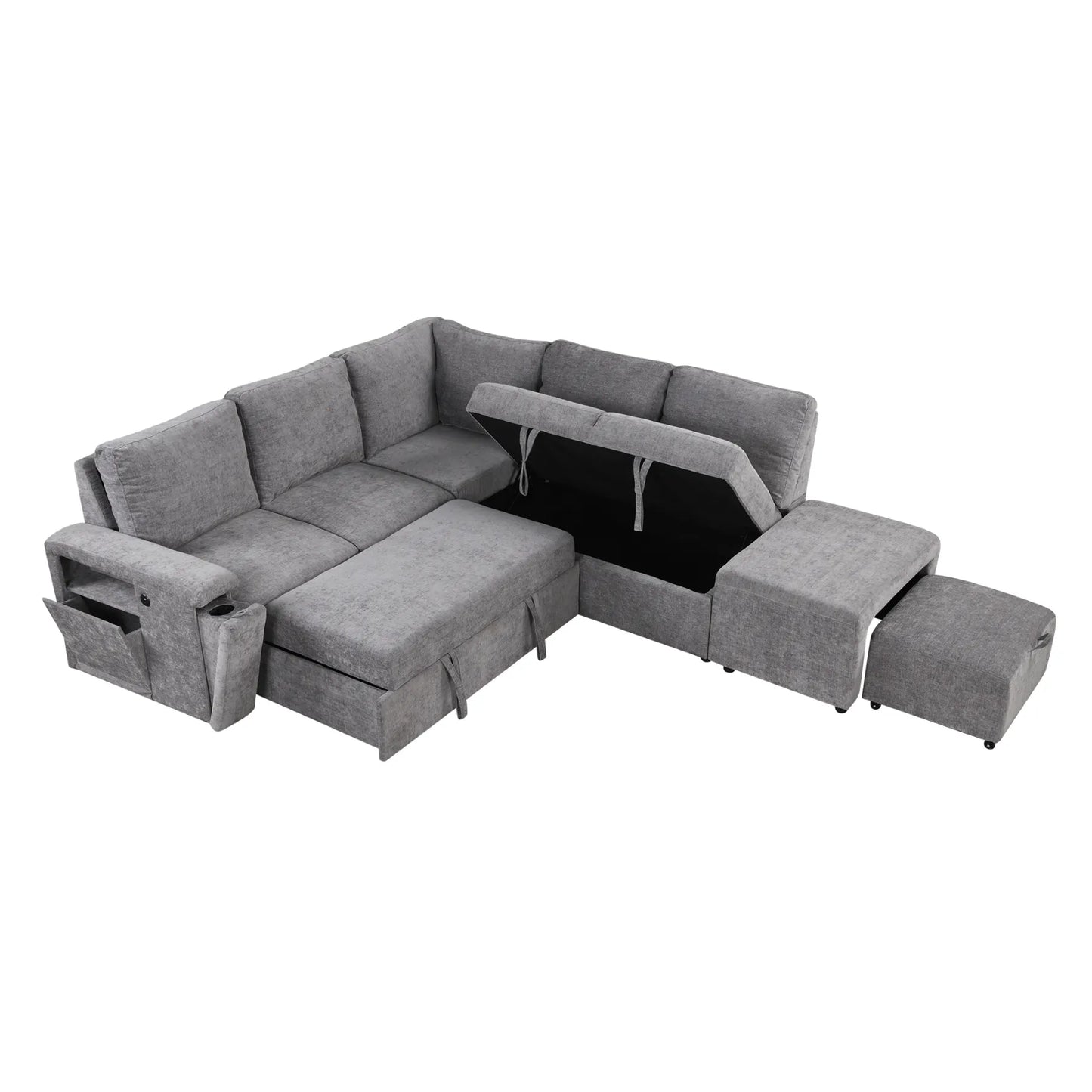 Sleeper Sectional, Sofa L Shape, Couch with Ottoman and Storage, Gray