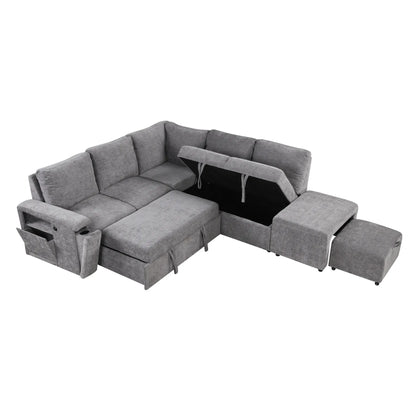 Sleeper Sectional, Sofa L Shape, Couch with Ottoman and Storage, Gray